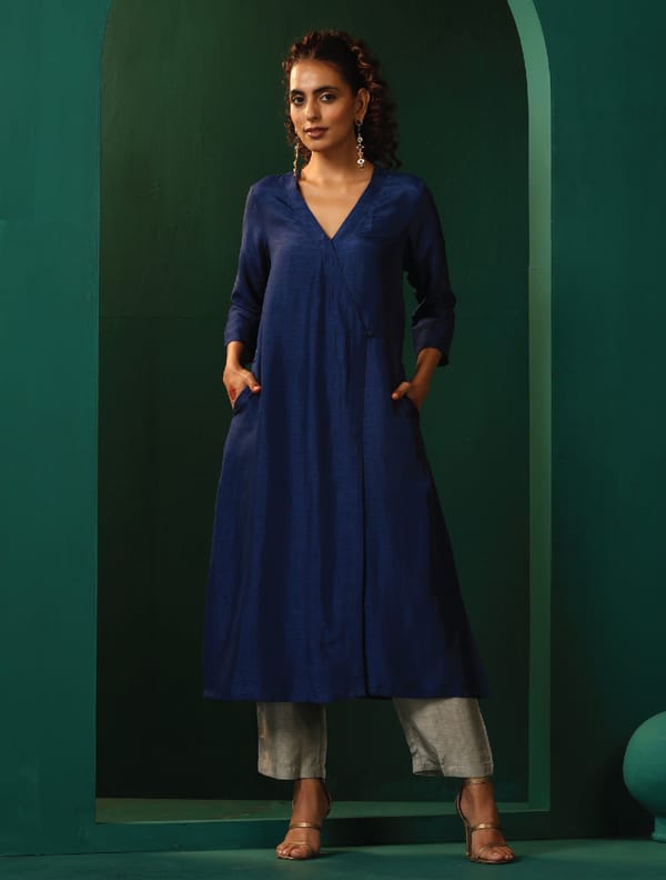 Blue Silk-Blend Angrakha Kurta and Pant Set — Truebrowns