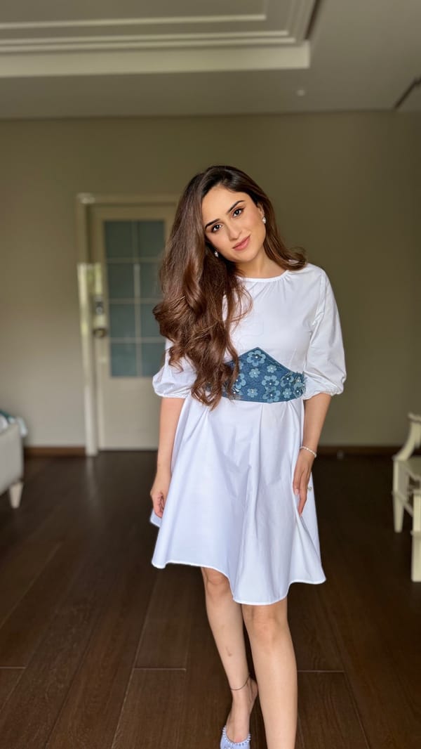 White Short Dress With Denim Belt — Weaving Cult