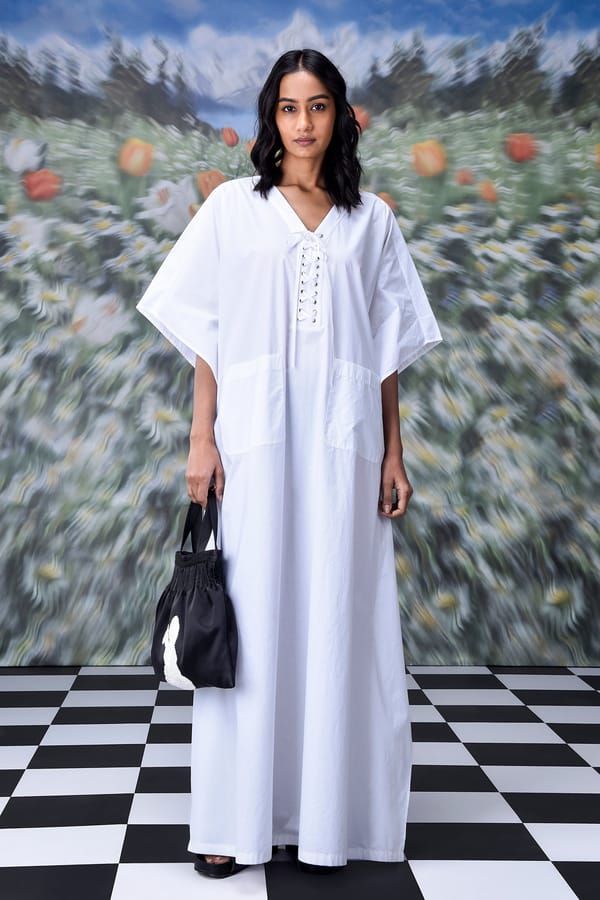 White Cotton Poplin Lace-Up Kaftan Maxi Dress — Genes Lecoanet Hemant