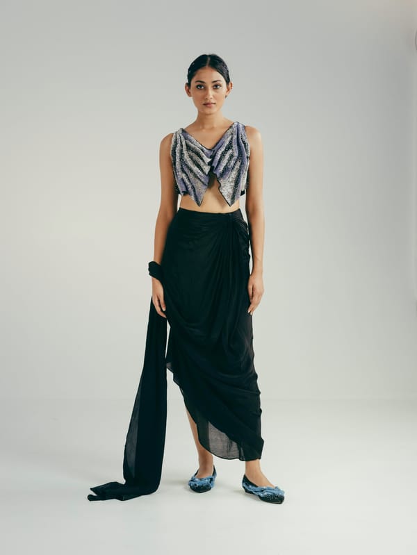 Black Embellished Bustier and Draped Saree Skirt Co-ord Set — Vrinda Soni