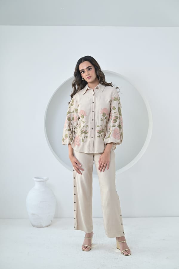 Beige Linen Embroidered Shirt and Pant Co-ord Set — RUCHIKA MALLIKA LABEL