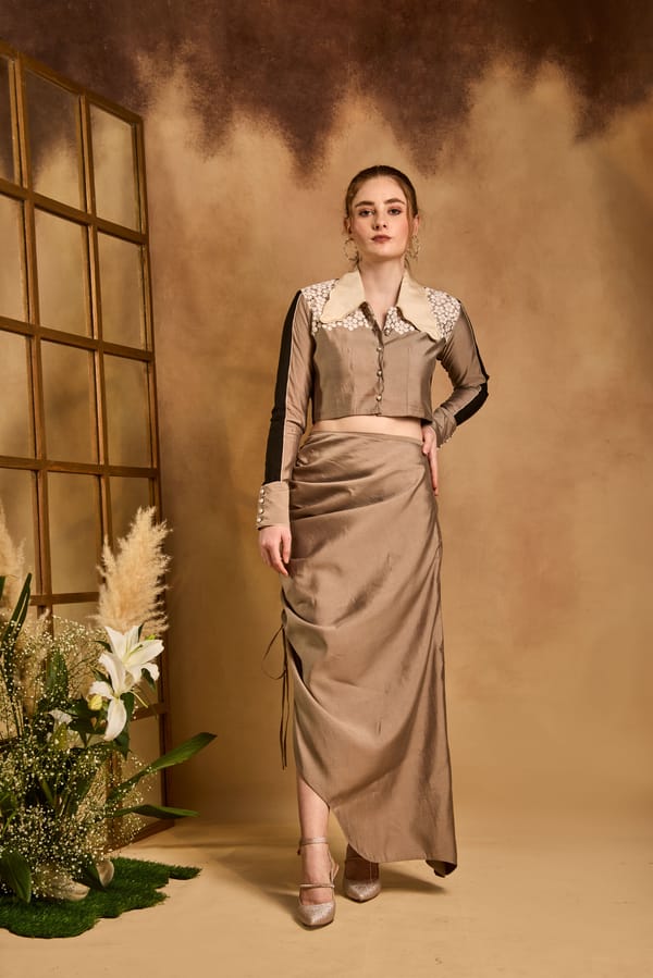Black and Copper Lace Yoke Shirt and Maxi Skirt Co-ord Set — An'era by Asmita Verma