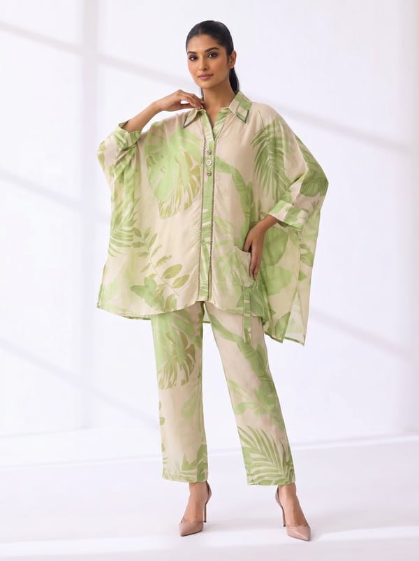 Ivory Botanical Print Kaftan Top and Pants Co-ord Set — Basanti Kapde aur Koffee