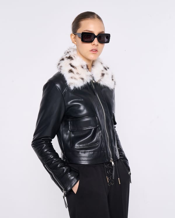 Black Faux Leather Bomber Jacket with Faux Fur Collar — SILVIAN HEACH