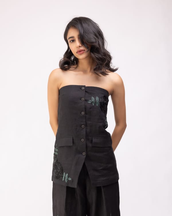 Black Linen Off-Shoulder Longline Waistcoat with Beadwork — MAGIA