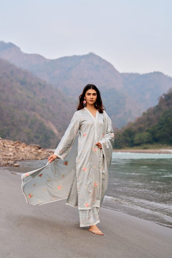Grey Cotton Embroidered Kurta Set with Lace Details — NARAYANI VASTRA