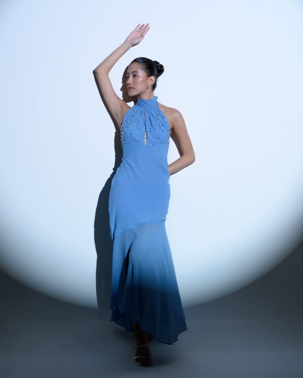 True Blue Silk Georgette Halter Neck Midi Dress — MAGIA