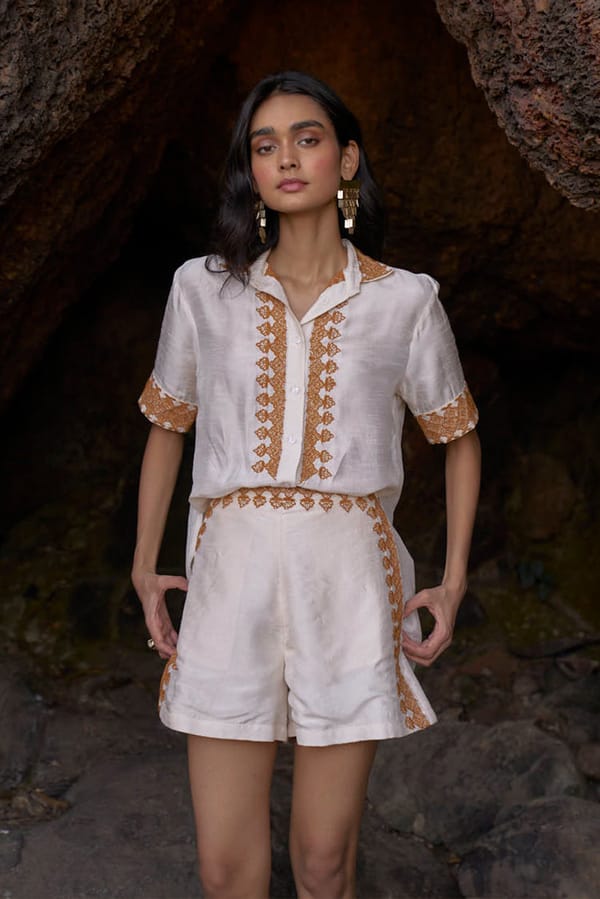 Natural Embroidered Half Sleeve Button-Down Shirt — Dash and Dot