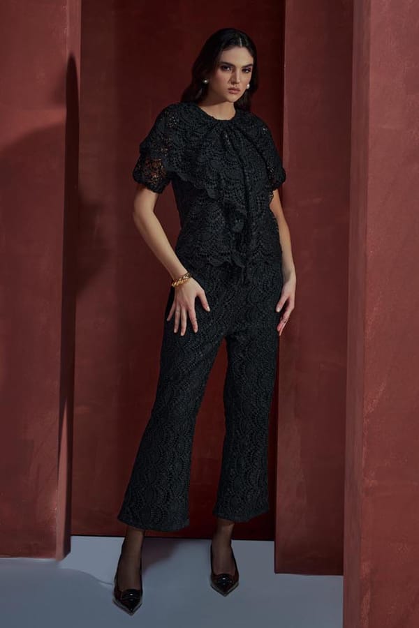 Black Lace Blouse and Flared Pants Co-ord Set — BOHO-CHIC
