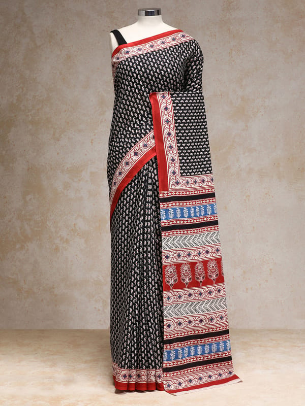 Black Paisley Handblock Printed Mulmul Saree — BINKS