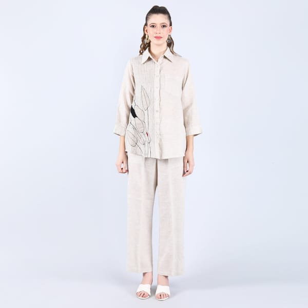 Beige Linen Pleated Shirt with Leaf Embroidery — Linen Bloom