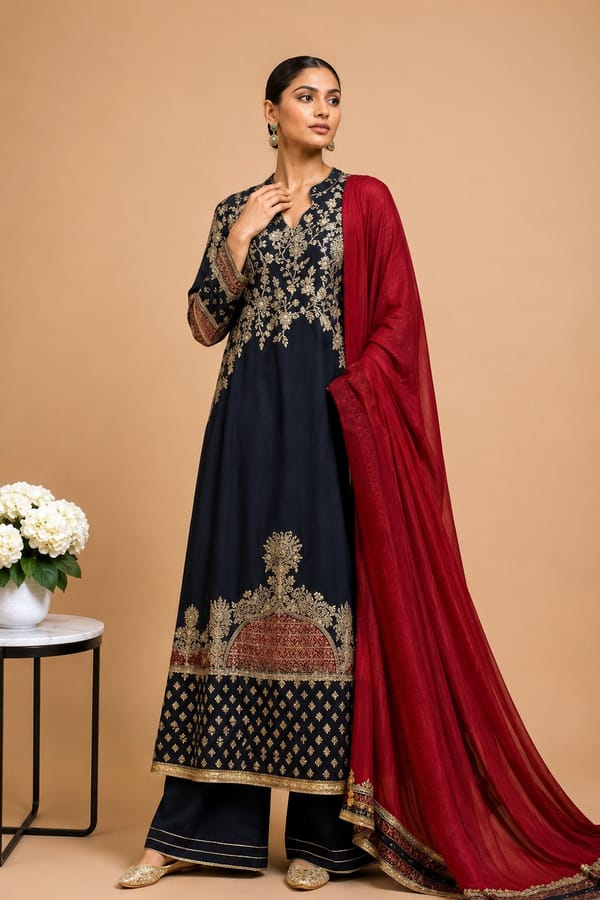 Black Crepe Kurta Palazzo Suit With Red Dupatta Detailing — ISHUM By Karan Kapoor
