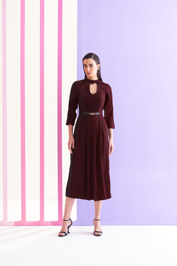 Wine Fit and Flare Midi Dress with Keyhole Neck — NOTEBOOK
