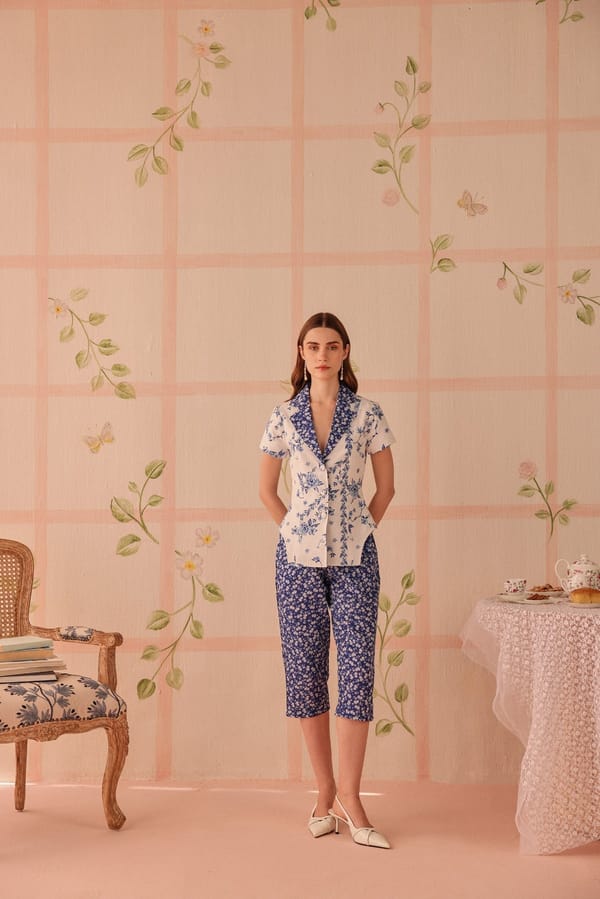 Blue and White Botanical Print Capri Trousers — Sage by Mala