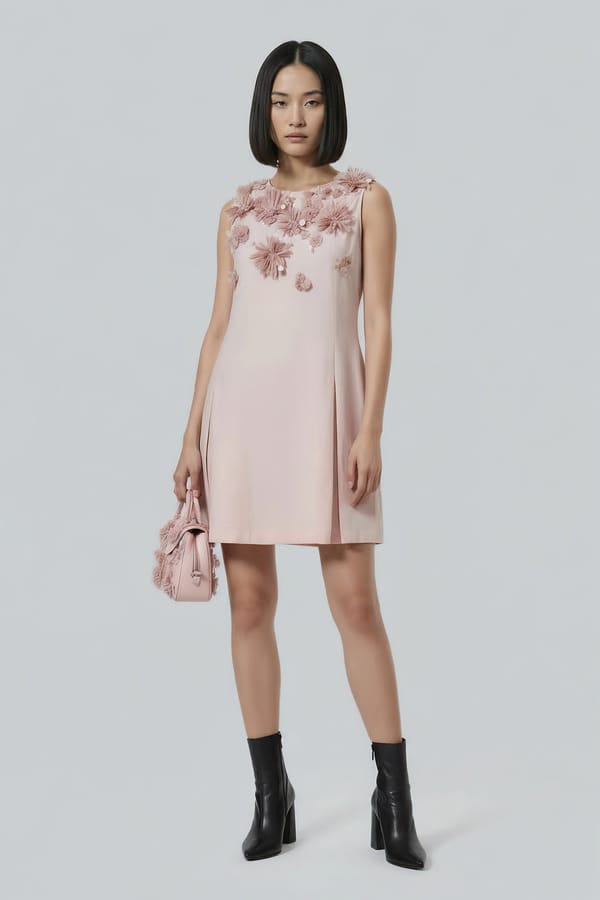 Rose Pink 3D Floral Embellished A-Line Knee-Length Dress — Genes Lecoanet Hemant