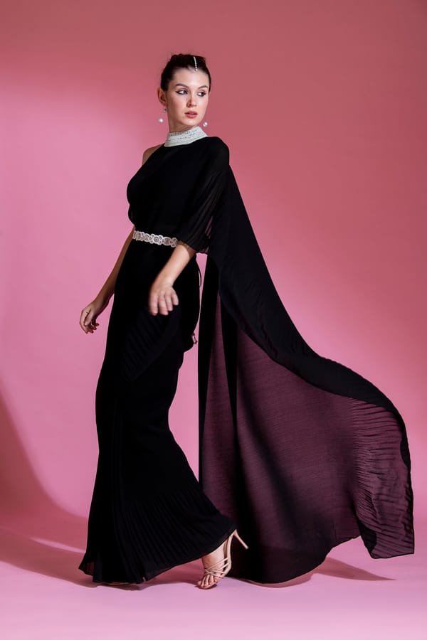 Midnight Black Pre-Draped Pleated Georgette Saree Set — PREETI MEHTA