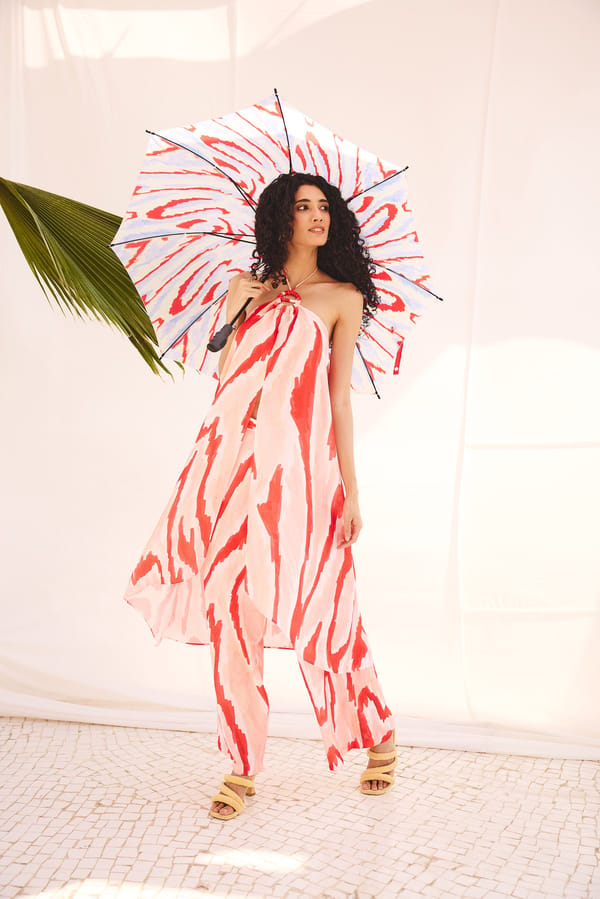Blush Pink Abstract Printed Wide-Leg Cotton Linen Trousers — Zip by Payal Zinal