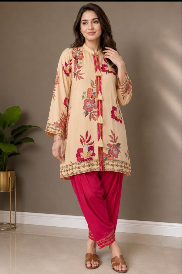 Beige Printed Kurta with Pakistani Salwar — SMAYA by Monica