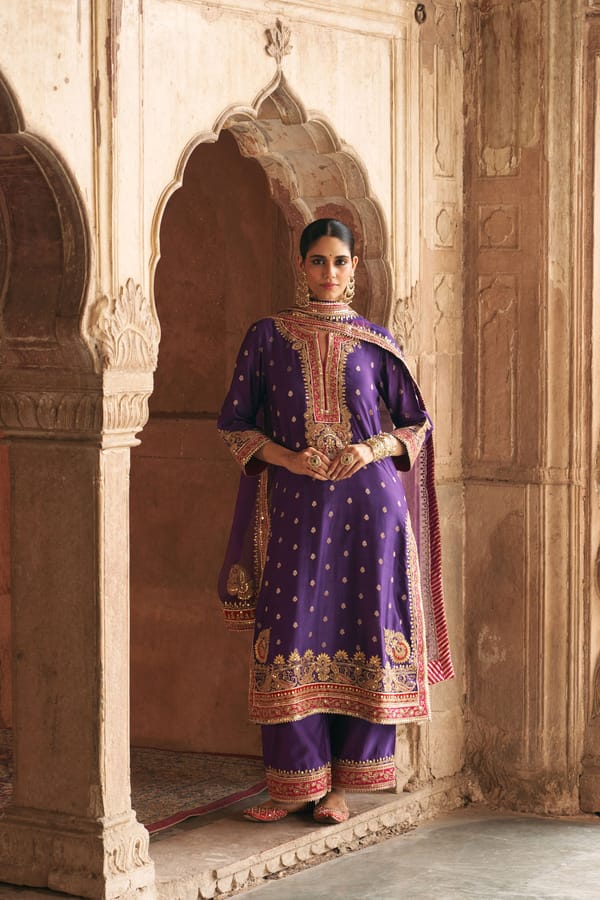Deep Purple Embroidered A-Line Kurta Set with Dupatta — Sheetal Batra