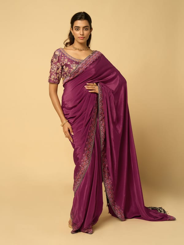 Wine Viscose Crepe Saree with Printed Border — SAUNDH