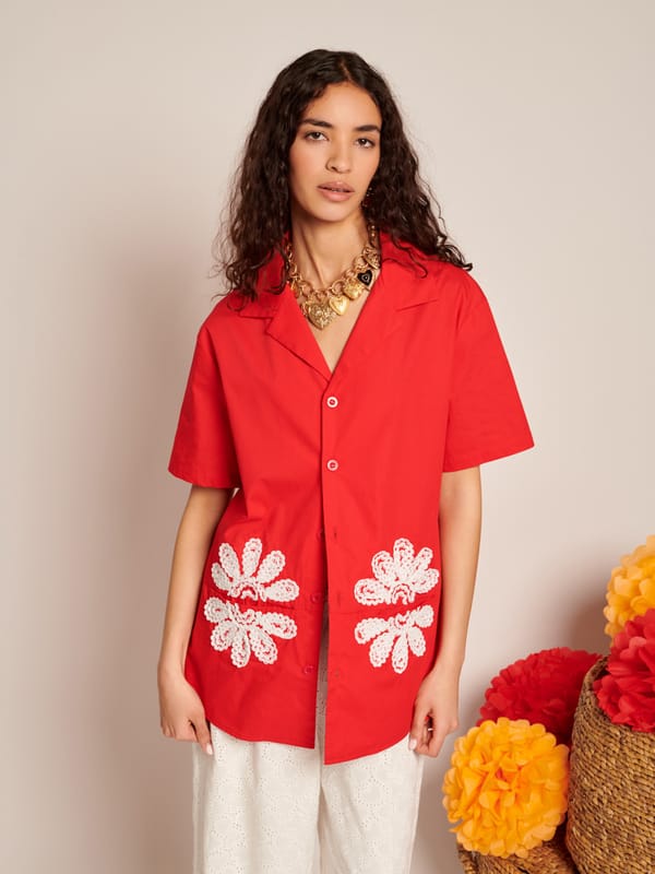 Red Button-Front Shirt with White Floral Embroidery — SISTER JANE