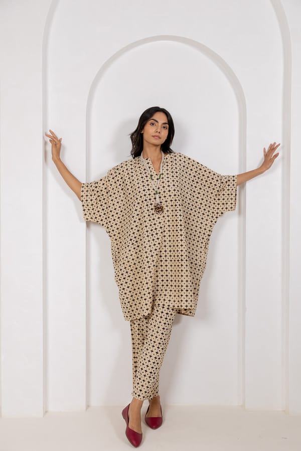 Beige Block Print Kaftan Top and Pants Co-ord Set — Vraj Bhoomi