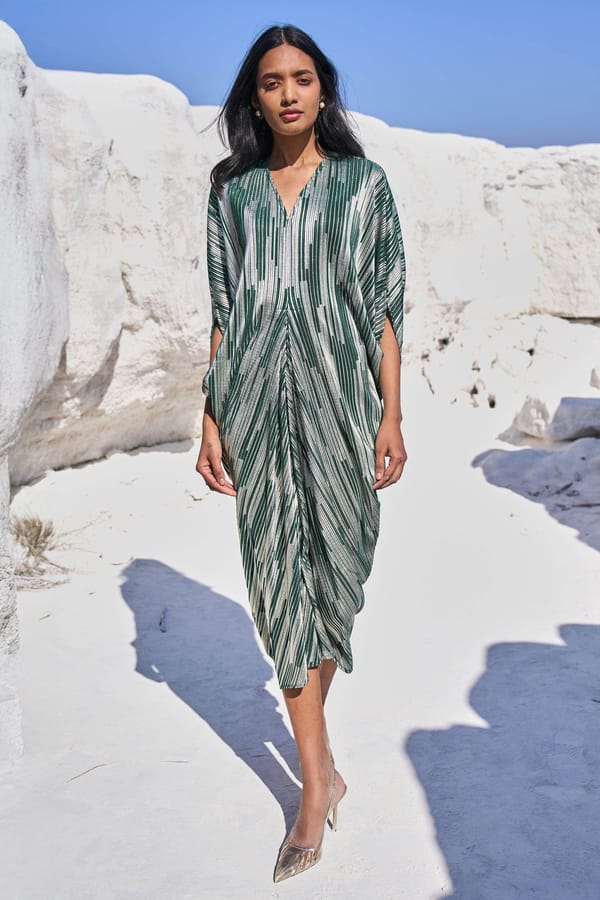 Aqua and Silver Foil Pleated Kaftan — Dash and Dot