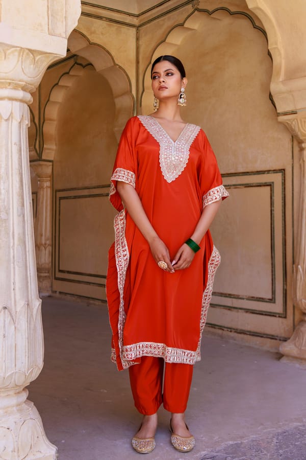 Burnt Orange Crepe Kaftan & Palazzo — Bannhi by Priyanka Rathore