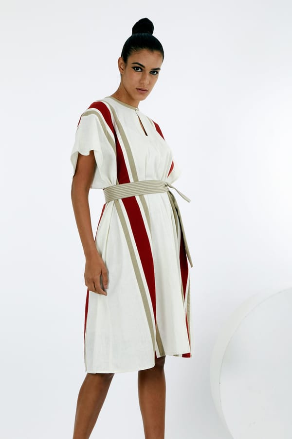 Ivory Striped Kaftan Dress with Belt (Knee Length) — Madder Much