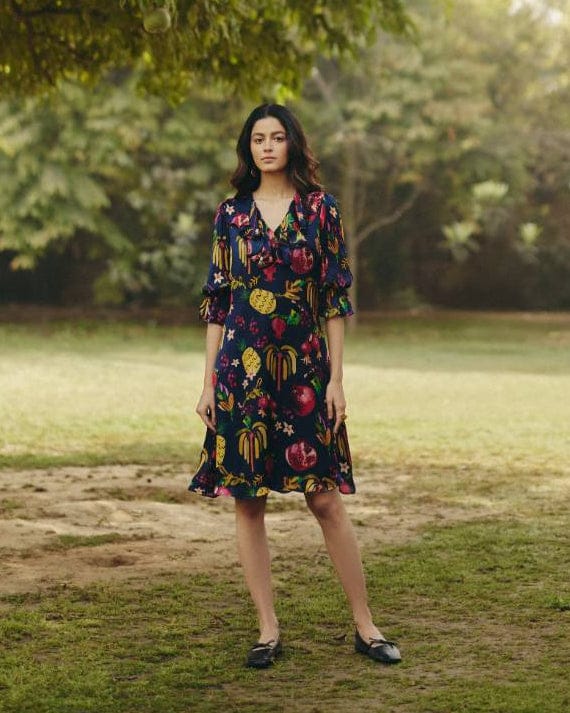 Navy Printed Satin A-Line Dress with Ruffle Detail — EWOKE STUDIO