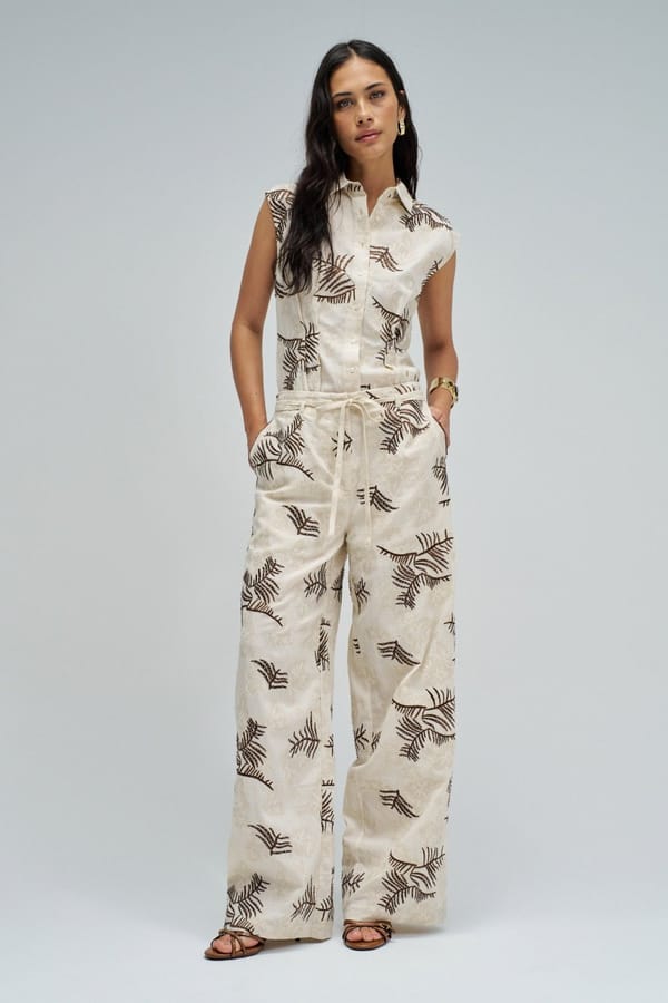 Off-White Wide-Leg Jacquard Trousers with Brown Motifs — SALSA JEANS