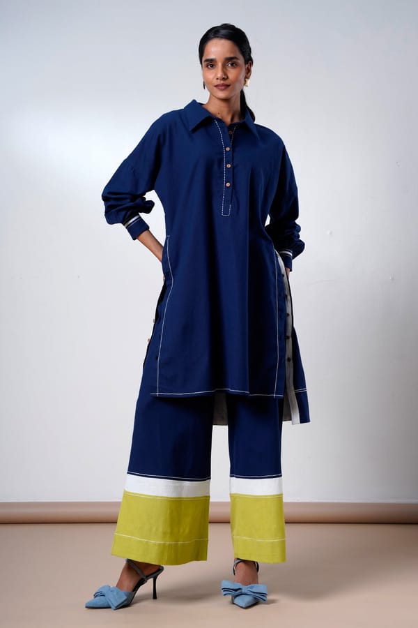 Indigo Handloom Cotton Co-ord Set with Wide-Leg Pants — Madder Much