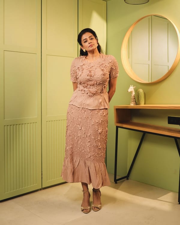 Peach Textured Top and Midi Skirt Co-ord Set — Pleats by Aruni