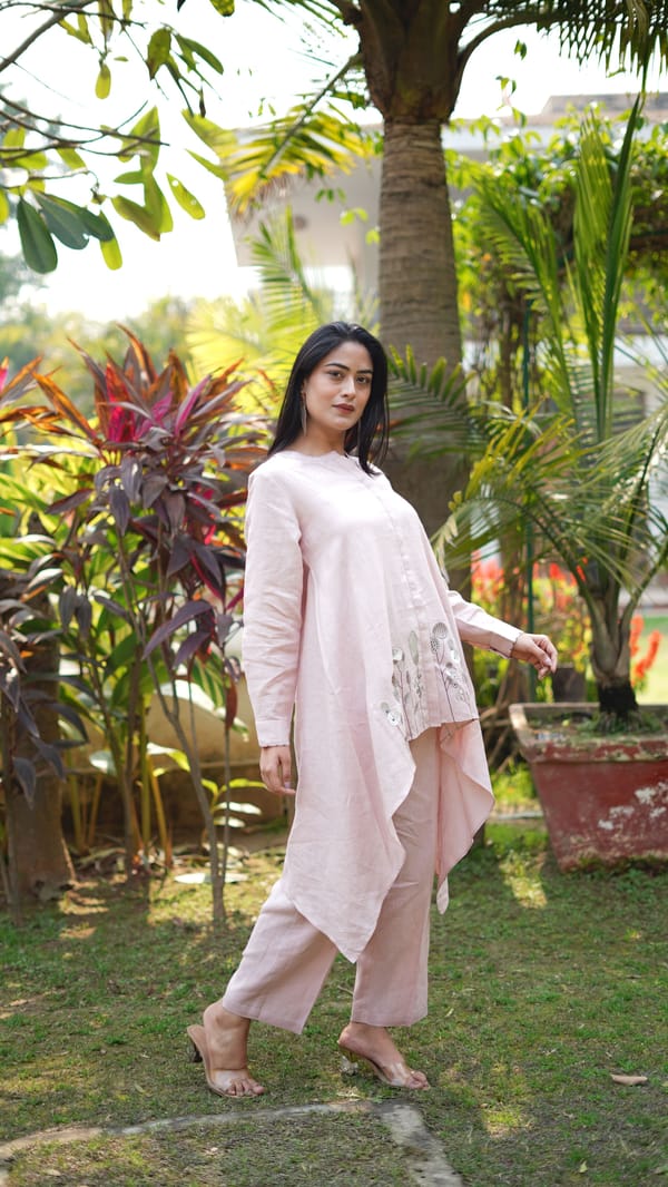 Light Pink Linen High-Low Embroidered Tunic Kurta — Linen Bloom