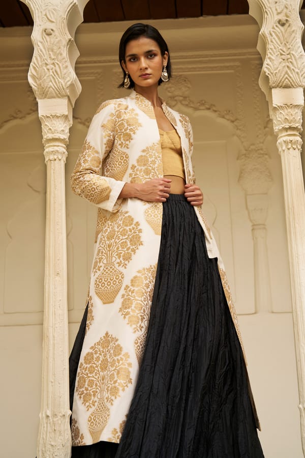 Gold Motif Longline Jacket Co-ord Set with Maxi Skirt — Dash and Dot