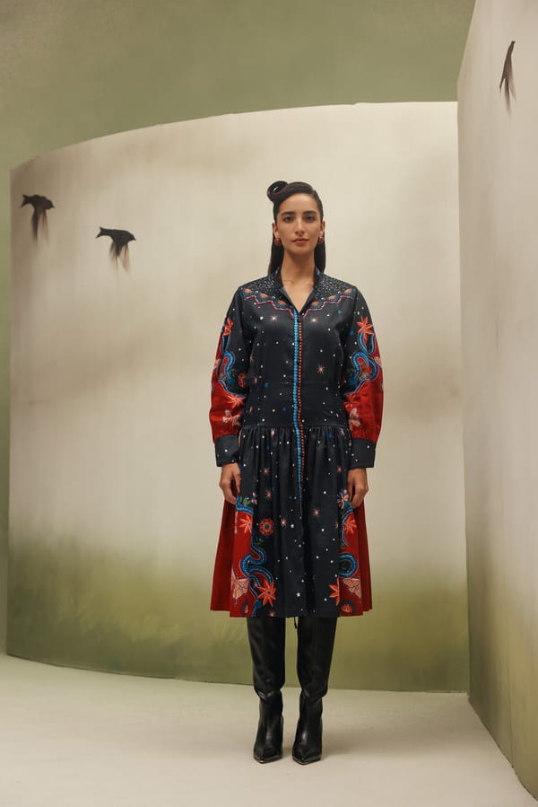 Black Printed Cotton Satin Midi Shirt Dress — SHOP NOIB