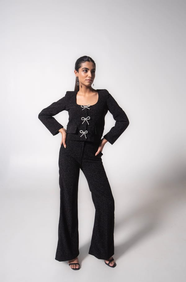 Black High-Waisted Straight-Leg Glitter Trousers — MAGIA