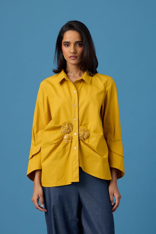 Ochre Cotton Poplin Appliqué Shirt with Statement Cuffs — 63East