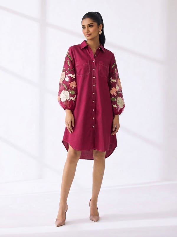 Wine Red Cotton Shirt Dress with Embroidered Sleeves — RUCHIKA MALLIKA LABEL