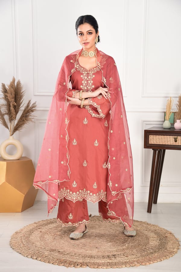 Rust Chanderi Silk Embroidered Straight Kurta Set — NARAYANI VASTRA