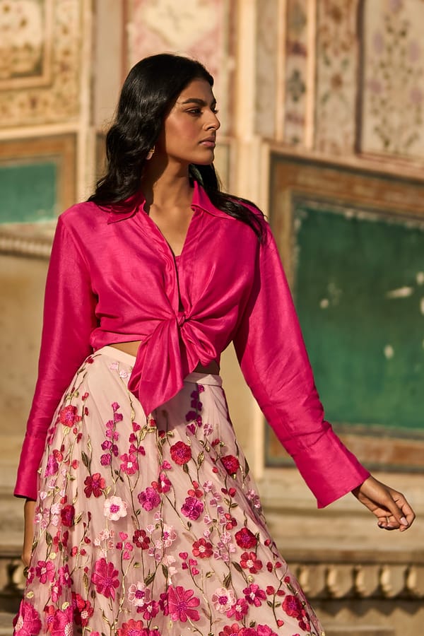 Fuchsia Collared Tie-Front Crop Shirt — Dash and Dot