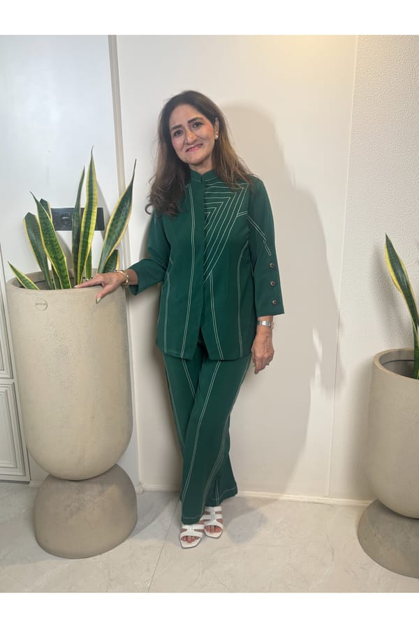 Bottle Green Geometric Linework Mandarin Collar Shirt — Veera Wear