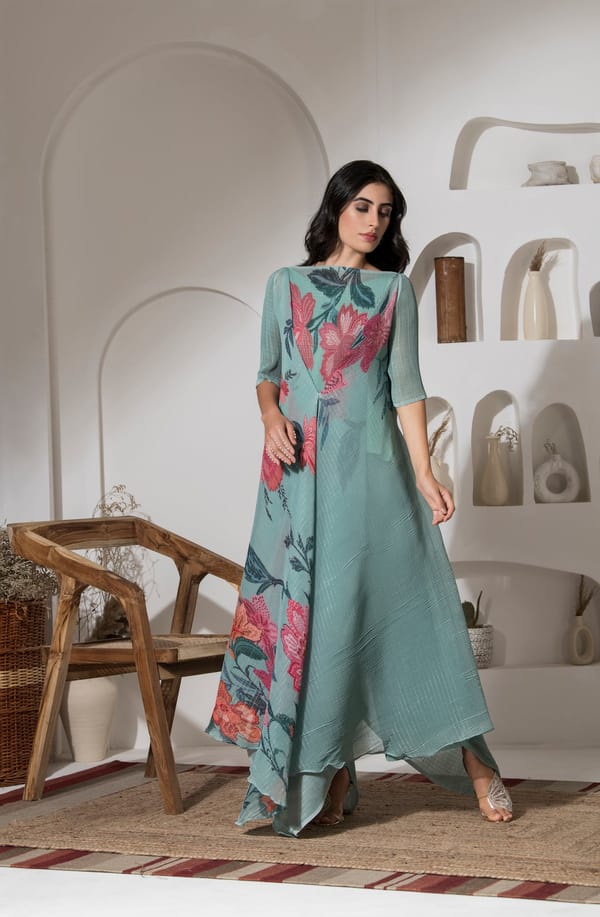 Green Floral Pleated Kaftan Kurta and Palazzo Co-ord Set — PREETI MEHTA