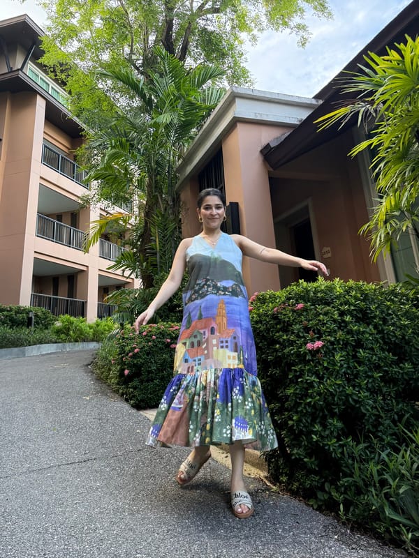 Blue Scenic Print Tiered Midi Cotton Dress with Pockets — GAIMA LABEL