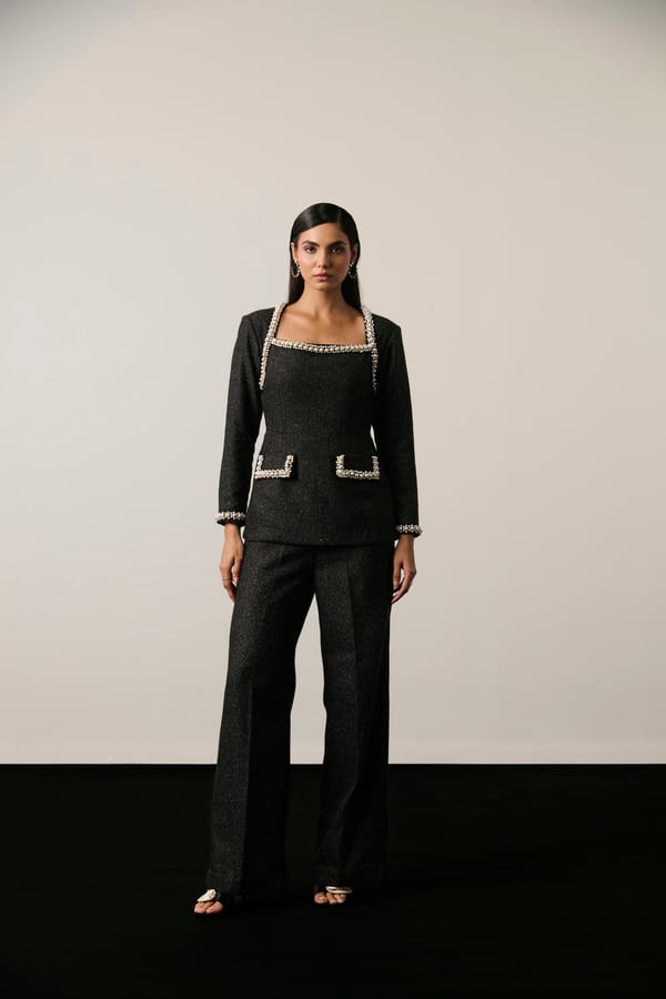 Black Tweed Pearl-Trim Peplum and Wide-Leg Co-ord Set — Label IRIS