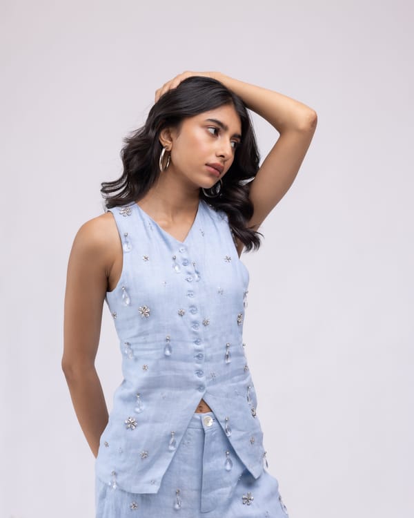 Pastel Blue Linen Crystal-Embellished Tailored Waistcoat — MAGIA