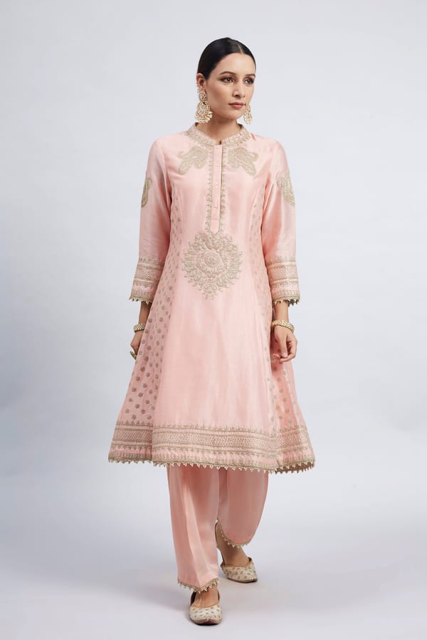 Carnation Pink Embroidered Chanderi Silk Kurta Set — Sheetal Batra