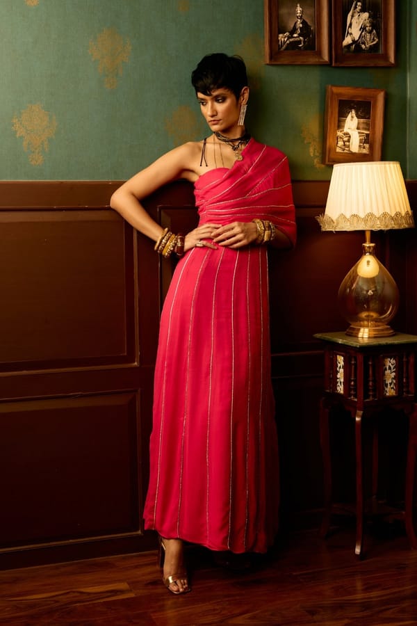 Pink One-Shoulder Georgette Drape Gown with Gold Piping — Reeti Arneja