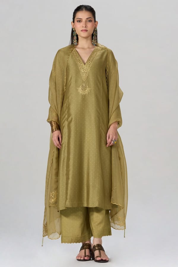 Khaki and Gold Foil Printed Festive Kurta Set — Ganga Fashions Pvt Ltd