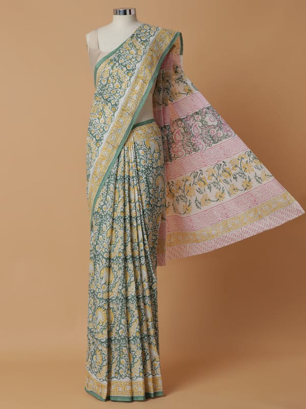 Hand Block Printed Green Cotton Mulmul Rozaana — BINKS